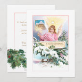 Vintage kerst engel, ster & sneeuw bedekte den feestdagenkaart (Voorkant / Achterkant)