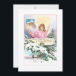 Vintage kerst engel, ster & sneeuw bedekte den feestdagenkaart<br><div class="desc">Nostalgische gerestaureerde Victoriaans kerstkaartkunst met een prachtige goudharige gevleugelde engel in roze gewaden onder een gloeiende ster met een verlichte kaars met huisje op de achtergrond, omringd door met sneeuw bedekte dennen en een spandoek met de tekst "Een vrolijk kerstfeest". Achterkant van kaart is voorzien van aangepaste gecoördineerde afbeeldingen en...</div>