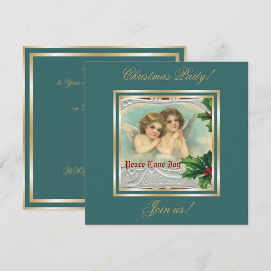 Vintage Kerst engelen & heilige bessen uitnodiging (Voorkant / Achterkant)