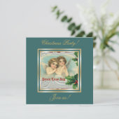 Vintage Kerst engelen & heilige bessen uitnodiging (Staand voorkant)