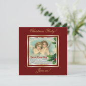 Vintage Kerst engelen & heilige bessen uitnodiging (Staand voorkant)