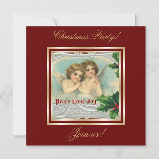 Vintage Kerst engelen & heilige bessen uitnodiging (Voorkant)