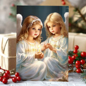 Vintage kerst engelen met kaars feestdagen kaart