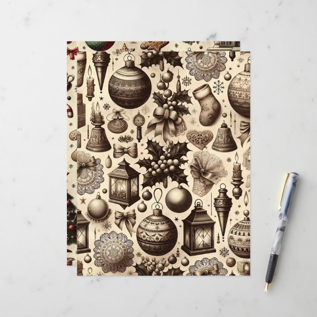 Vintage Kerst Ephemera Scrapbook Papier (Voorkant / Achterkant in situ)