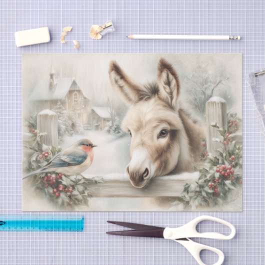Vintage Kerst Ezel En Roodborst Decoupage Tissuepapier (Craft)