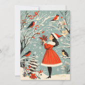 Vintage Kerst Feestelijk Meisje Winter Vogels Kers Feestdagenkaart (Voorkant)