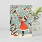 Vintage Kerst Feestelijk Meisje Winter Vogels Kers Feestdagenkaart (Staand voorkant)