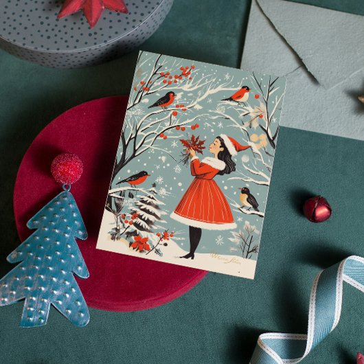 Vintage Kerst Feestelijk Meisje Winter Vogels Kers Feestdagenkaart