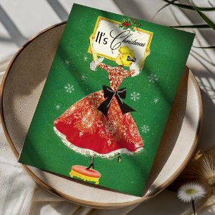Vintage Kerst frame groen rood glitters meisje Briefkaart
