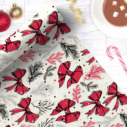 Vintage Kerst gebladerte rode bogen Cadeaupapier