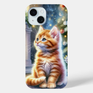 Vintage Kerst Geel Kitten iPhone 15 Case