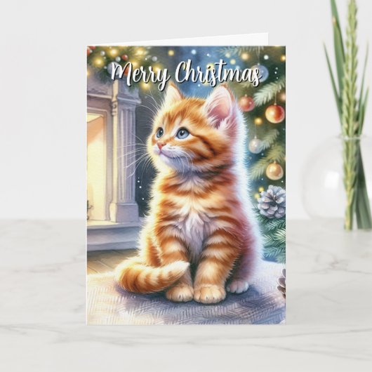 Vintage Kerst Geel Kitten Kaart (Voorkant)