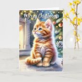 Vintage Kerst Geel Kitten Kaart (Gele Bloem)