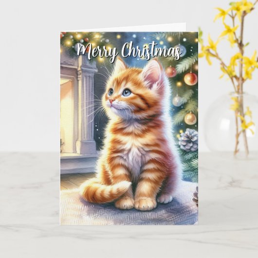 Vintage Kerst Geel Kitten Kaart (Gele Bloem)