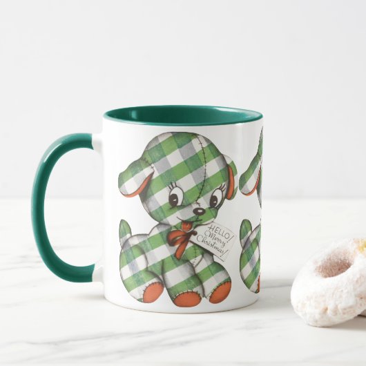 Vintage Kerst Gingham Hond Knuffeldier Mok (Met donut)