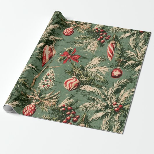 Vintage Kerst groen & rood Cadeaupapier (Uitgerold)