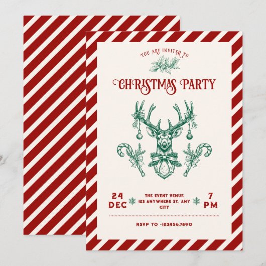Vintage kerst hert Uitnodiging (Voorkant / Achterkant)