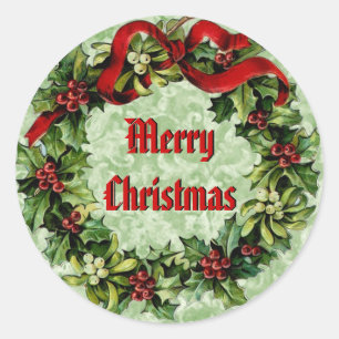 Vintage Kerst Holly krans met rood lint V09 Ronde Sticker