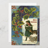 Vintage kerst Holly & meisje met kat Feestdagenkaart (Voorkant / Achterkant)