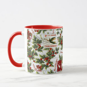 vintage kerst holly patroon mok