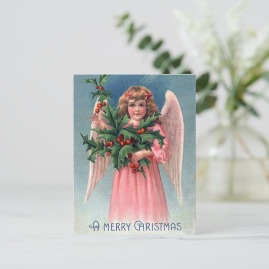 Vintage Kerst hulst roze Angel briefkaart (Staand voorkant)