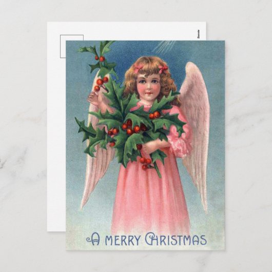Vintage Kerst hulst roze Angel briefkaart (Voorkant / Achterkant)