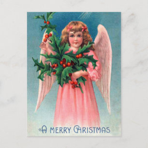 Vintage Kerst hulst roze Angel briefkaart