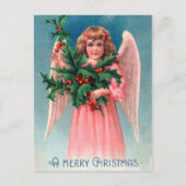 Vintage Kerst hulst roze Angel briefkaart (Voorkant)