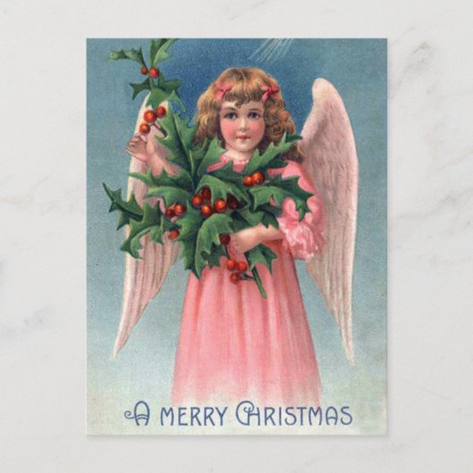 Vintage Kerst hulst roze Angel briefkaart (Voorkant)
