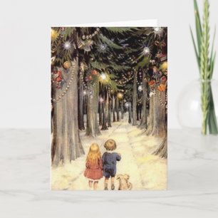 Vintage Kerst Kaart Kinderen Puppy Blank Binnen