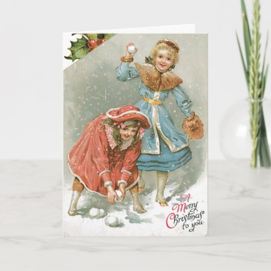 Vintage Kerst Kaart Meisjes Spelen In De Sneeuw (Voorkant)