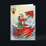 Vintage kerst Kaart met jong meisje<br><div class="desc">Vintage Christmas Card with Young Girl Southern Belle in dress and parasol leaving the porch under a lantern.</div>