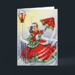 Vintage kerst Kaart met jong meisje<br><div class="desc">Vintage Christmas Card with Young Girl Southern Belle in dress and parasol leaving the porch under a lantern.</div>