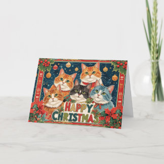 Vintage Kerst Kaart met Kattenontwerp