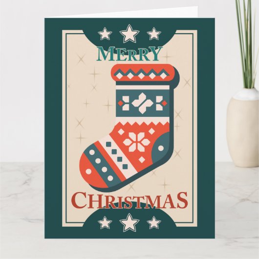 Vintage Kerst Kaart met Stocking Illustration (Voorkant)