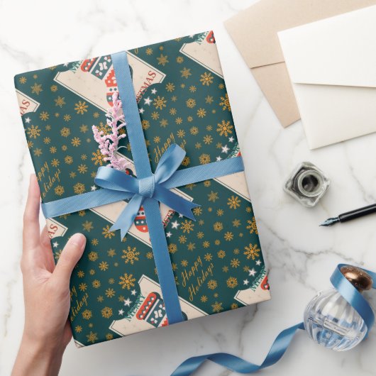 Vintage Kerst Kaart met Stocking Illustration Cadeaupapier (Geschenken)