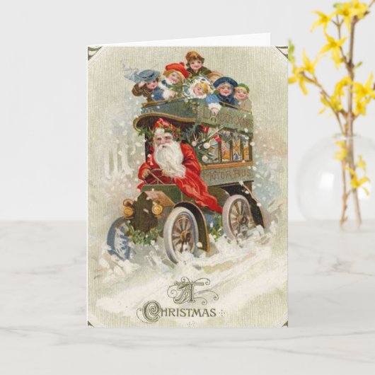 Vintage Kerst Kaart | Santa  auto (Gele Bloem)