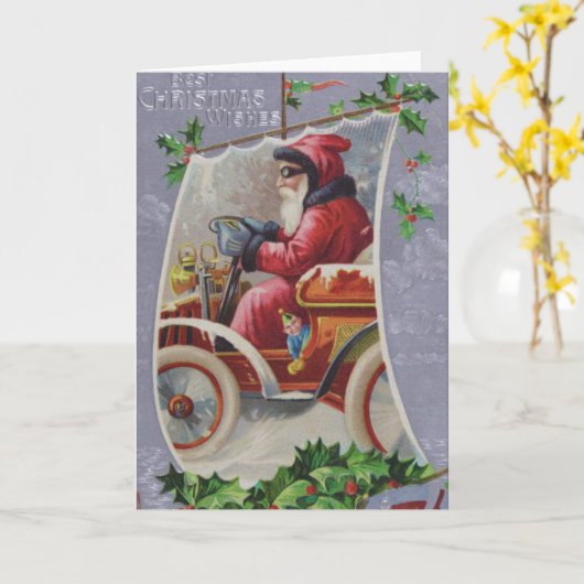 Vintage Kerst Kaart | Santa auto (Gele Bloem)