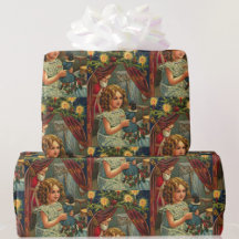 Vintage Kerst Kaart Santa Meisje w Doll