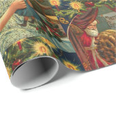 Vintage Kerst Kaart Santa Meisje w Doll Cadeaupapier (Rol Hoek)