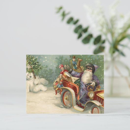 Vintage Kerst Kaart | Santa vintage auto Sneeuwman (Staand voorkant)