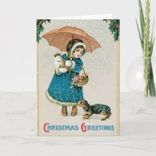Vintage Kerst Kaart - Schattige Huisdieren (Voorkant)
