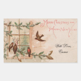 Vintage Kerst Kaart Vogels Venster Dansen Paar Rechthoekige Sticker