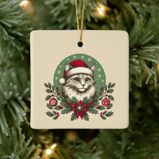 Vintage Kerst Kat Keramisch Ornament (Boom)