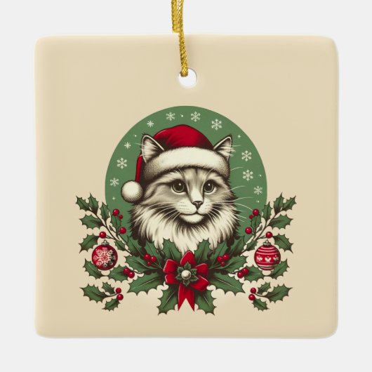 Vintage Kerst Kat Keramisch Ornament (Voorkant)