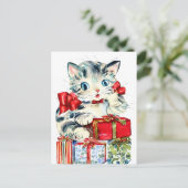 Vintage Kerst Kat met Cadeaus Feestdagenkaart (Staand voorkant)