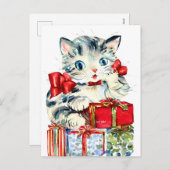 Vintage Kerst Kat met Cadeaus Feestdagenkaart (Voorkant / Achterkant)