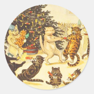 Vintage Kerst Kat Stickers, Louis Wain Ronde Sticker