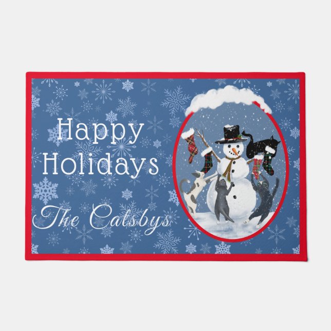 Vintage Kerst Katten en Sneeuwman Custom Deurmat (Voorkant)