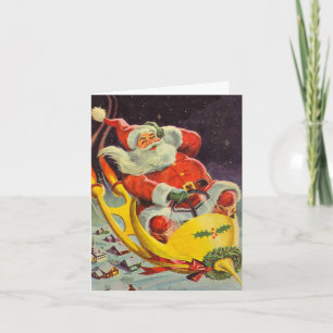 Vintage kerst, Kerstman in een ruimteschip Bedankkaart